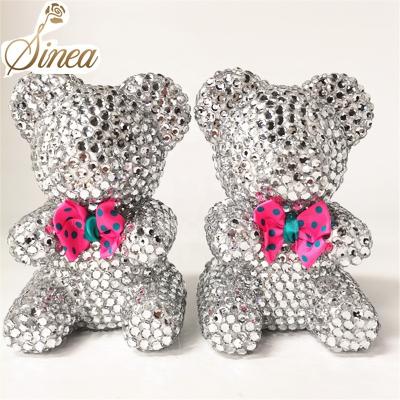 China European handmade rhinestone diamond gift foam lasting ever bear box flowers rose teddy bear for graduation for sale