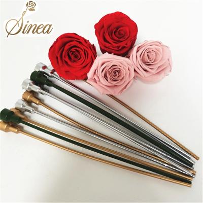 China Best Home Environmental Simple Fashion Gold Floral Artificial Plastic Long Preserved Rose Flower Stems for sale