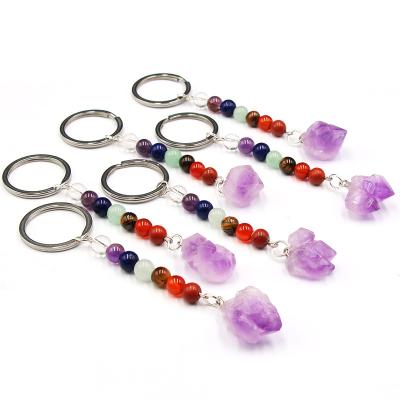 China Crystal 7 Chakra Natural Beaded Metal Crystal Key Chains Healing Amethyst Crystal Stone Rough Rock For Sale for sale