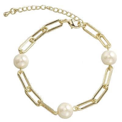 China TROPICAL Trendy Real 14k Gold Plated Paper Clip Pearl Chain With Crystals Mens Womens Lobster Bracelet *A5445BGR for sale