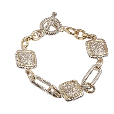 China TWO TONE Real Gold Plated Two Tone 3 Crystal Cable Link Chain Toggle Square Bracelet *TB025 for sale