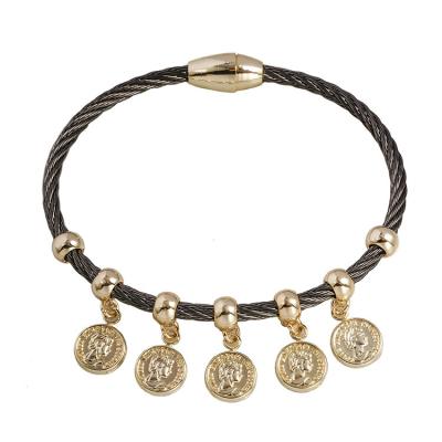 China TWO TONE Chinese Manufacture Initial Bangle Large Hematite Wire 2 Tone 5 Coin Bangle Charm Bracelet *T2399BHK for sale