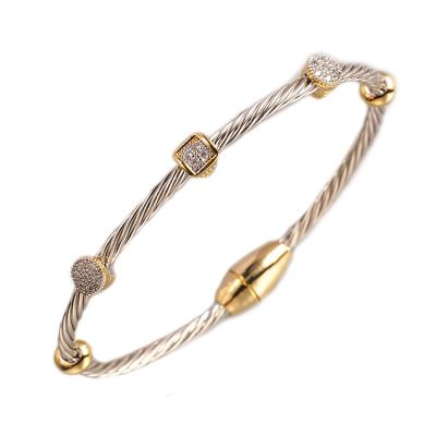 China TWO TONE Luxury Rhodium Bangles Cable 2 Tone Round Square Latest Brass Bracelet *T2609BKPV for sale