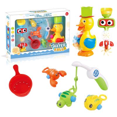 China Bath Toy Duck Waterfall Fishing Rod Fish Turtle Lobster Game Water Fountain Bath Toy Animal Fishing Spray Set for sale