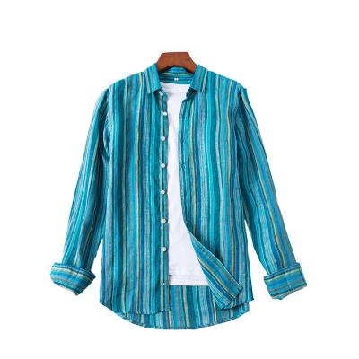 China new Anti-wrinkle color striped breathable long-sleeved 98% customization of casual canvas shirts men's shirt for sale