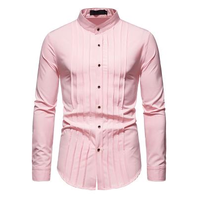 China New Anti-wrinkle men's dress long-sleeved shirts business fold Henry collar solid color shirt customization for sale