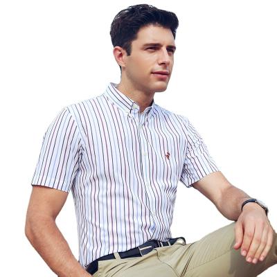 China Summer Breathable Casual Canvas Men's Half-Sleeved Shirts Striped Anti-Wrinkle High-End Mens Short Sleeve Shirts for sale