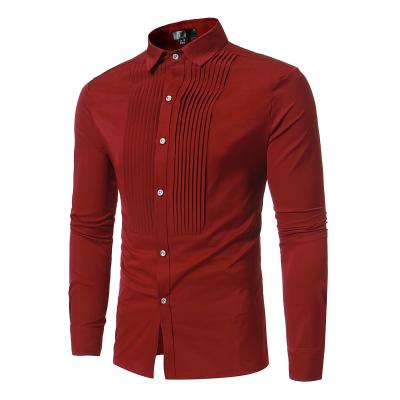 China Wholesale Men's Solid Color Anti-Wrinkle Pleated Collar Blouse Large Size Fashion Front Design Casual Shirts Men's Long Sleeve Shirt for sale