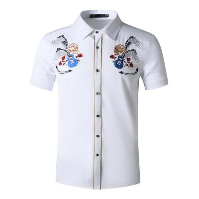 China Anti-Wrinkle Korean Casual Men's Short Sleeve Shirts Lapel Rose Embroidery Men's Top Western Style Skull Embroidered Denim Half Sleeve Shirt for sale