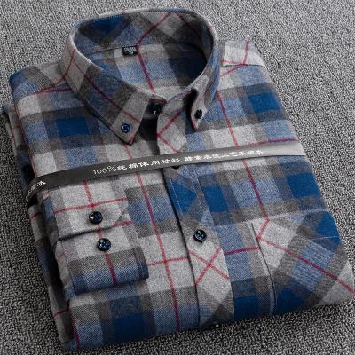 China middle-aged plus casual men's long-sleeved shirt autumn and winter Anti-wrinkle cotton plaid shirt men's size clothing new and older for sale