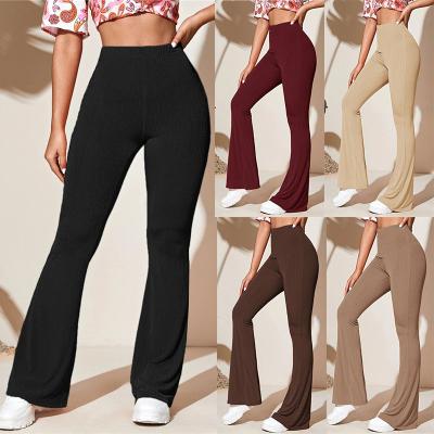 China QUICK DRY fashion high waist knitted bell bottoms rib knit solid color elastic knitted tights full length women's pants for sale