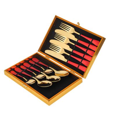 China 12/16/24 Pcs Sustainable Luxury Stainless Steel Gold Thin Cutlery Set With Wooden Gift Box for sale