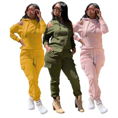 China Breathable Wholesale Two-Piece Off-the-Shoulder Hoodie Long Sleeves Winter Tracksuit Outfit Sets For Women for sale