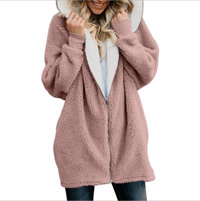 China Autumn Warm Breathable Bear Fleece Coat Teddy Winter Women Hooded Coat Parka Ladies Zip Up Long Jacket 2pcs Hoodie Backing Woven for sale