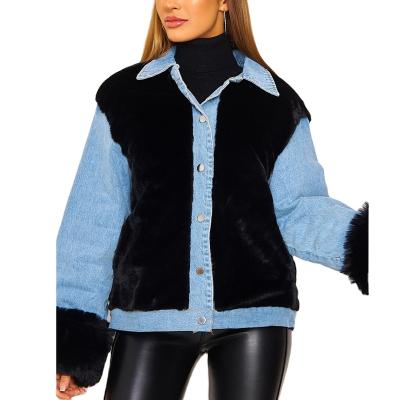 China Wholesale Autumn And Winter Denim Jacket Breathable Leisure Thickened Plush Denim Splicing Coat Women Warm Wool for sale