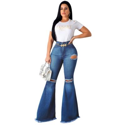 China Wholesale Fashion Breathable Stretching Big Plus Size Flared Jeans 2021 Straight Wide Leg Hole Women's Denim Pants High Waist for sale