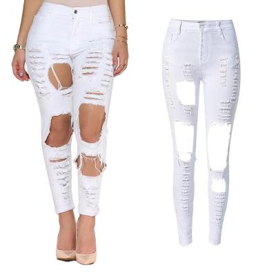 China 2021 new arrival breathable high waist and straight elasticity street use denim hole jeans pants for women for sale