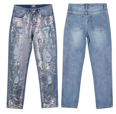 China 2021 Breathable Popular Metallic Embroidery Pearl Pieces Washed Old Holes Middle Waist Jeans Pants For Women for sale