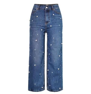 China 2021 New Fashion Breathable Custom Size Straight Wide Bead Blue High Leg Pants Inlaid Layering Rocket Jeans Woman for sale