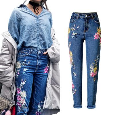 China Wholesale Custom Breathable Bird Flower Before And After Embroidery High Waist Jeans Slim Straight Washed Pants For Women for sale