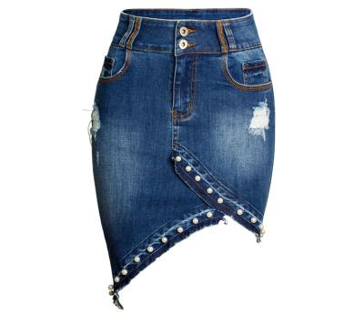 China Breathable New Custom Personality Pearl Denim Skirt Lift Hips Women Irregular Beaded Jeans Dresses for sale