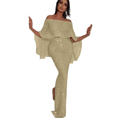 China Breathable Sequin Evening Dresses 2021 Off The Shoulder Prom Dresses Shiny Mermaid Women Formal Wear Dress With Cape for sale