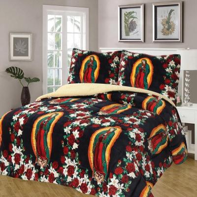 China 2021 New Design Soft SMILE HOUSE 3-Pieces Set Virgen De Guadalupe Pattern Quilt Comforter Borrego Blanket Sets for sale