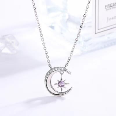 China Fashion Luxury European Sales S925 Pure Silver Purple Zircon Moon Necklace High Quality 925 Silver Moon Pendant Necklace for sale