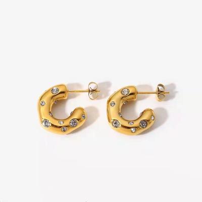 China Fashion Not Tarnish Fade Gold Stainless Steel Plated Chunky C Shaped Zircon Hoop Earrings for sale