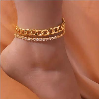 China 2022 FASHIONABLE Double Layer Tennis Anklets Stainless Steel Non Tarnish Cuban Link Chain Anklets for sale