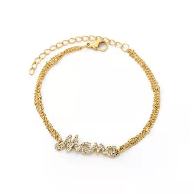 China Fashion Gold Plated Stainless Steel Double Layer Bead Chain Bracelet Mom Mother's Day Gift Letter Zircon Bracelet for sale