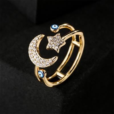 China Fashion Jewelry Diamond Evil Eyes Adjustable Ring CZ Diamond Evil Eyes Crystal 18k Blue Gold Plated Ring For Women for sale