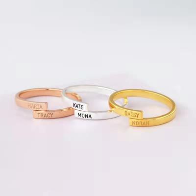 China Fashion Simple Design Custom Gold Plated Stainless Steel Adjustable Open Band Couple Name Rings for sale