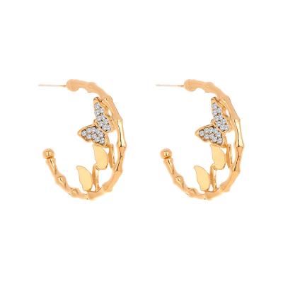 China FASHIONABLE c-shaped acero diamond butterfly aretes de moda circle stainless gold earrings for sale