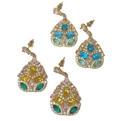 China Brass Accessories Vintage 18k Gold Plated Zircon Drop Earrings Luxury Big Beautiful for sale