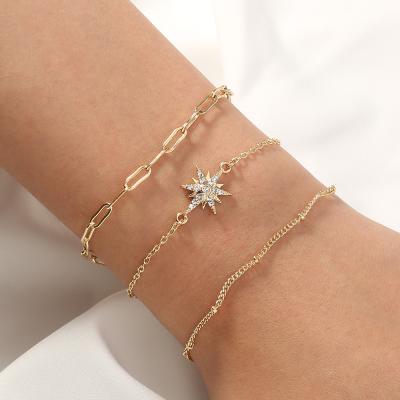 China TRENDARY Fashion Temperament Lattice Chain Shining Claw Setting Alloy Six Star Charm Multilayer Gold Plated Fashionable Women Bracelet for sale