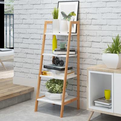 China Viable Nordic White Color Bamboo Style Wooden Ladder Shelf for sale