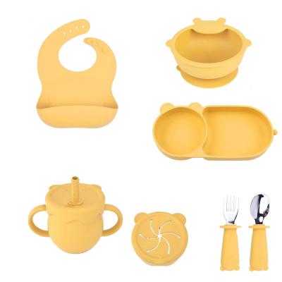 China BPA Free Wholesale Bpa Free Baby Silicone Suction Bowl Set Baby Feeding Plates Set Straw Water Cup For Kids OEM Customized for sale