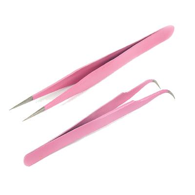 China Anti Static In Stock Stainless Steel Pink Tweezers Straight Headed Curved Eyelash Tweezers for sale