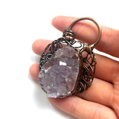 China 2021 New Product Popular Antique Bronze Plating Teardrop Shape Amethyst Messy Druzy Wire Round Vintage Pendant Style For Lady for sale