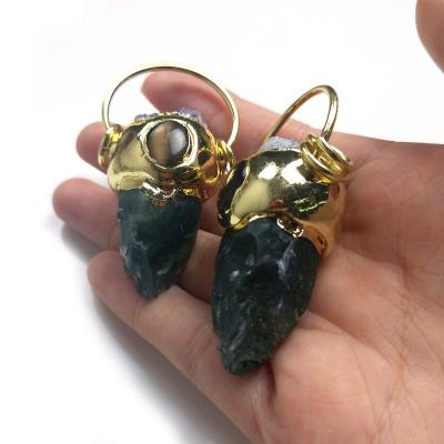 China CLASSIC Jewelry Gold Plated Druzy Welded Tiger Group Amethyst Point Round Eye Green Fluorite Crystal Pendant Charms Handmade Gifts for sale