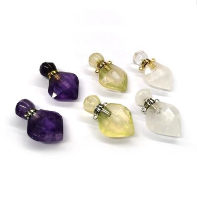 China FASHIONABLE Natural Crystal Gemstone Amethyst Essential Oil Diffuser Clear Citrine Yellow Quartz Perfume Bottle Necklace Pendant Charms Gift for sale