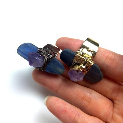 China Hot Natural Vintage Products Amethyst Kyanite Blue Stone Bead Ring Gold Open /Antique Bronze Plated Wire Wrapped Gemstone Rings For Gift for sale