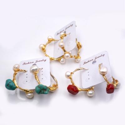 China BOHEMIA Wholesale Price Gold Plated Hoop Earrings Wire White Blue Turquoise Wrapped Coral Earrings Girl Vintage Jewelry Red Pearl for sale