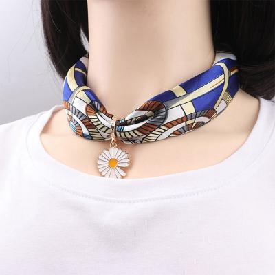 China Silk Newcomers Wholesale Digital Printing Daisy Charm Neck Necklace Scarf Satin Silk Girls White Pearl Chiffon Scarves Small for sale