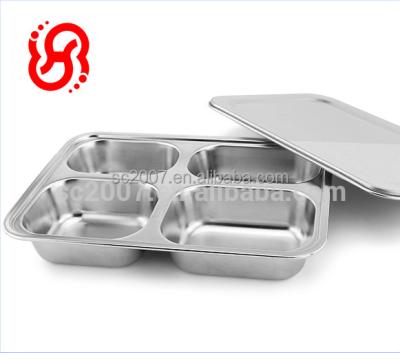 China Sustainable School Kids Rectangle Stainless Steel 4 Compartment Divided Dinner Dishes With Cover for sale