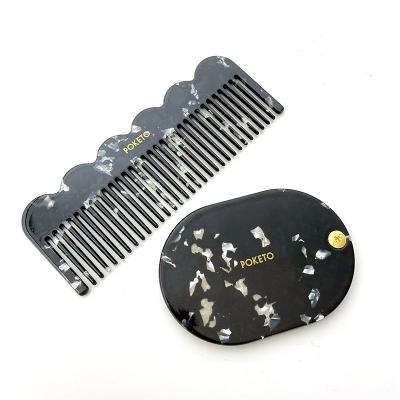 China 2022 Newest Design Custom Logo Cellulose Acetate Hair Comb Customized Black Marble Color 14.7Cm Home With Mirror for sale