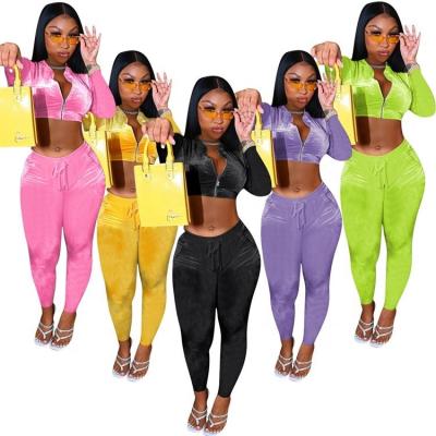 China 2021 Breathable Popular Solid Color Long Sleeve Crop Top Pants Velor Casual Women Sweatsuit Outfit Two Piece Tracksuit for sale