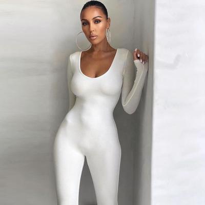 China 2021 Fall Breathable Hot Selling Custom Logo Solid Stretchy Bodycon Long Sleeve Pants Casual Women One Piece Overalls for sale