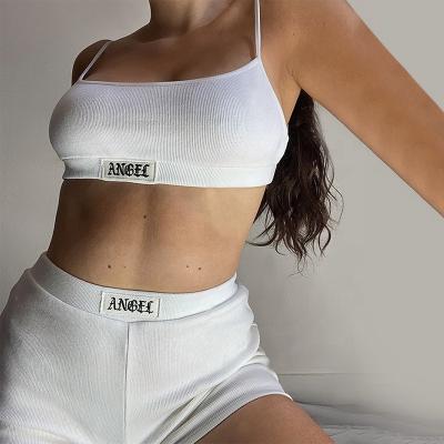 China 2021 Breathable Hot Sale Streetwear Fashion Ribbed String Halter Tank Top Tracksuit Summer Casual Women Two Piece Short Set for sale